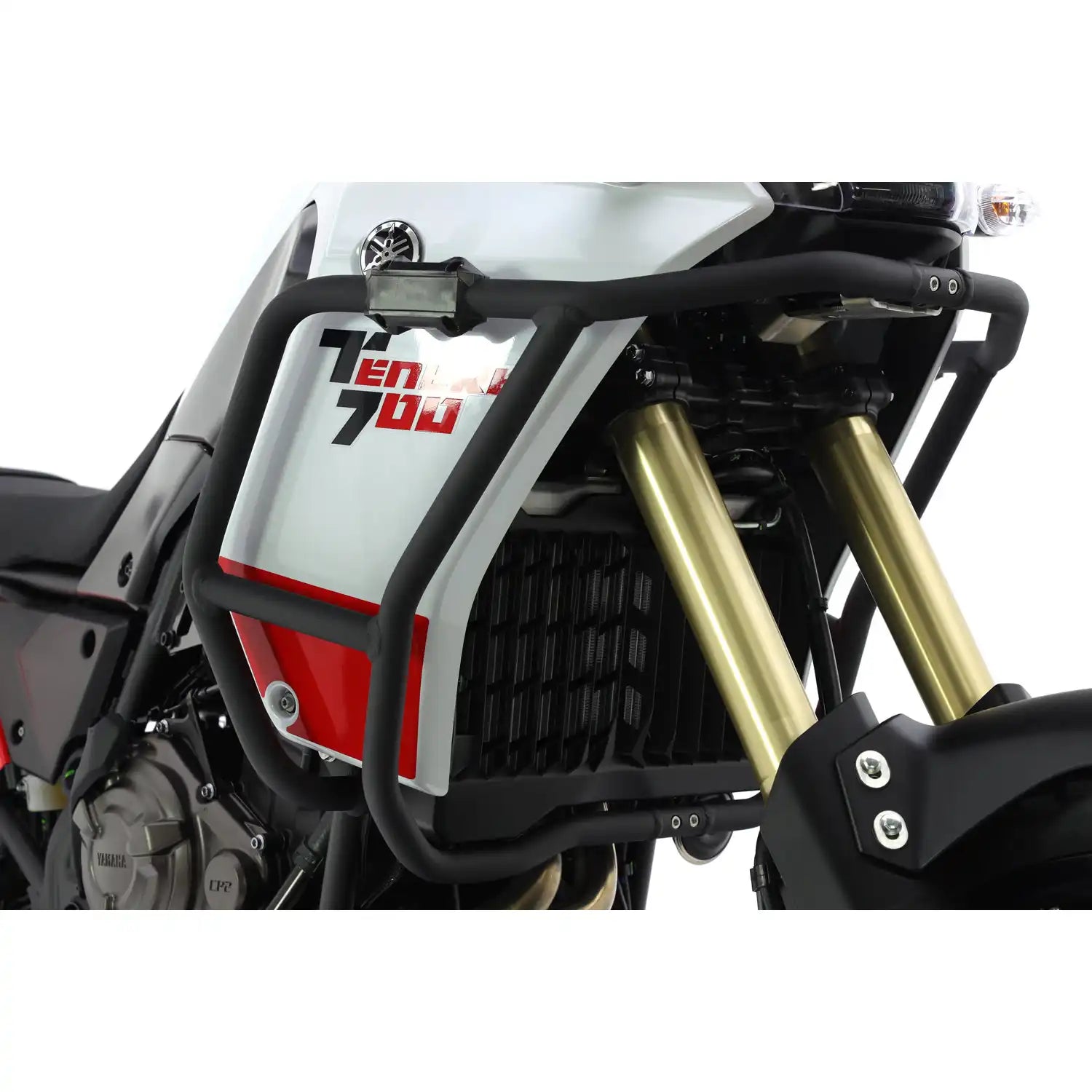 Barras de protección R&G aluminio negro montadas en Yamaha Ténéré 700 mostrando cobertura lateral de motor y radiador