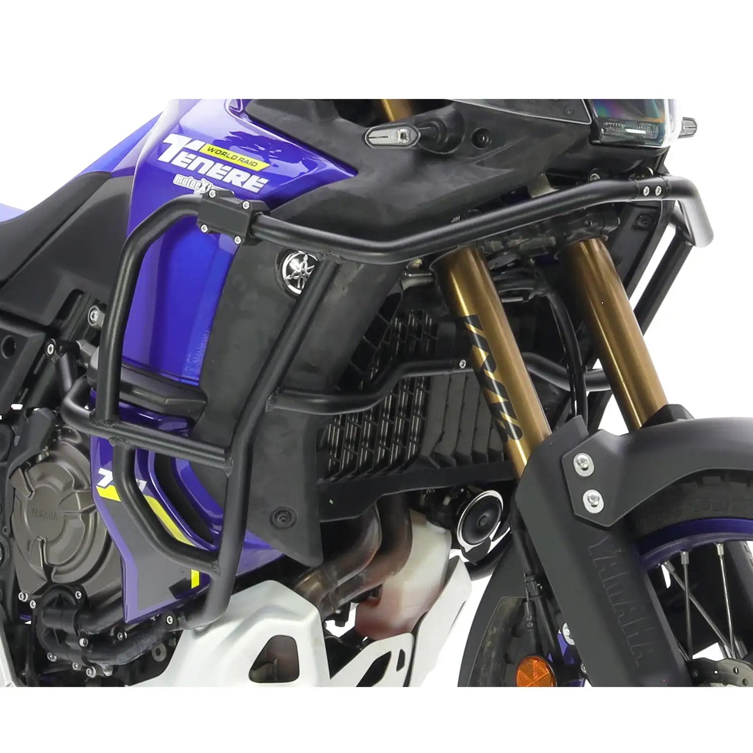 Barras Adventure R&G aluminio negro montadas en Yamaha Ténéré 700 protegiendo motor y carenados laterales