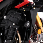Detalle bobbin Aero R&G negro en chasis Triumph Street Triple 765 con tapa removible