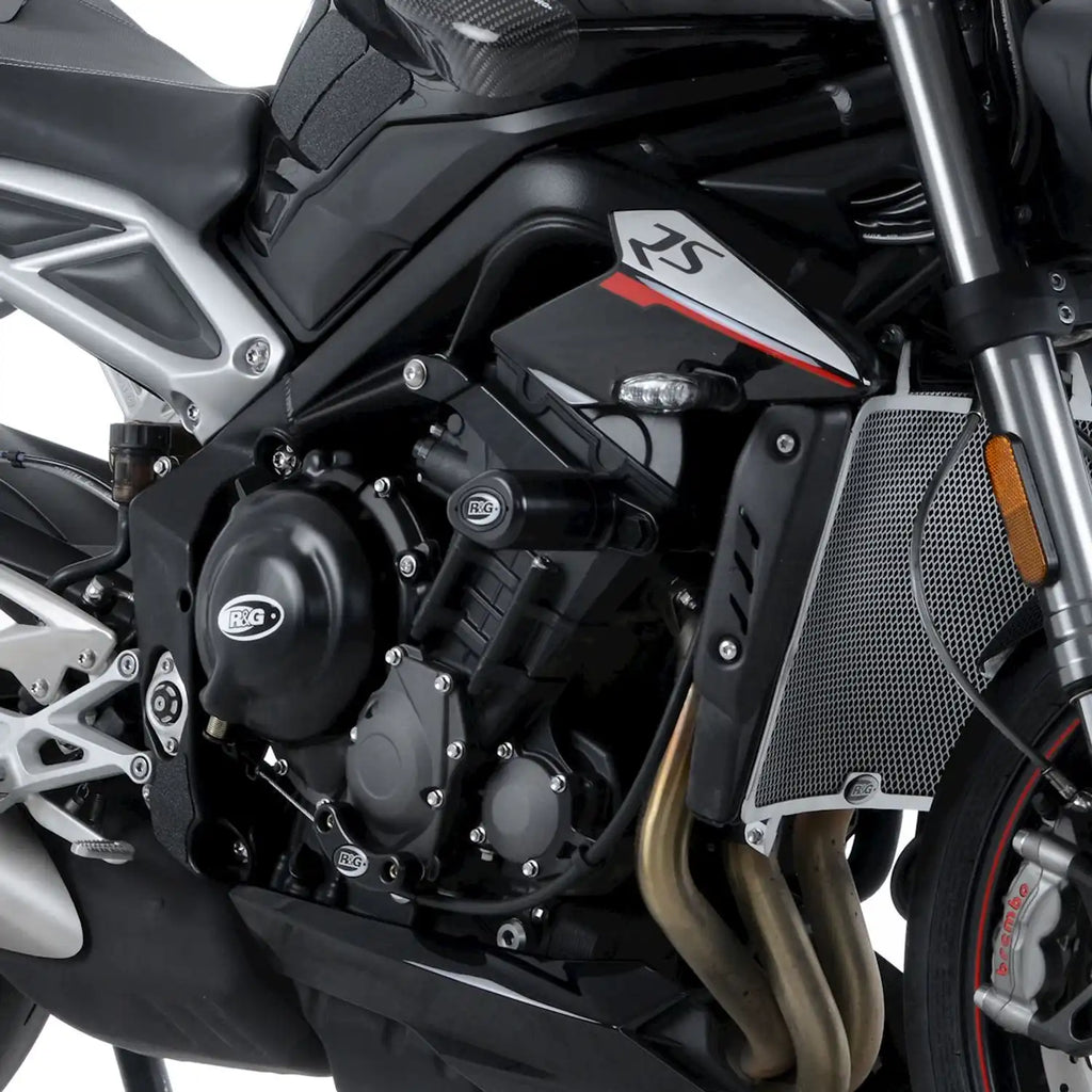 Bloque metálico CNC R&G para montaje tope de caída Triumph Street Triple