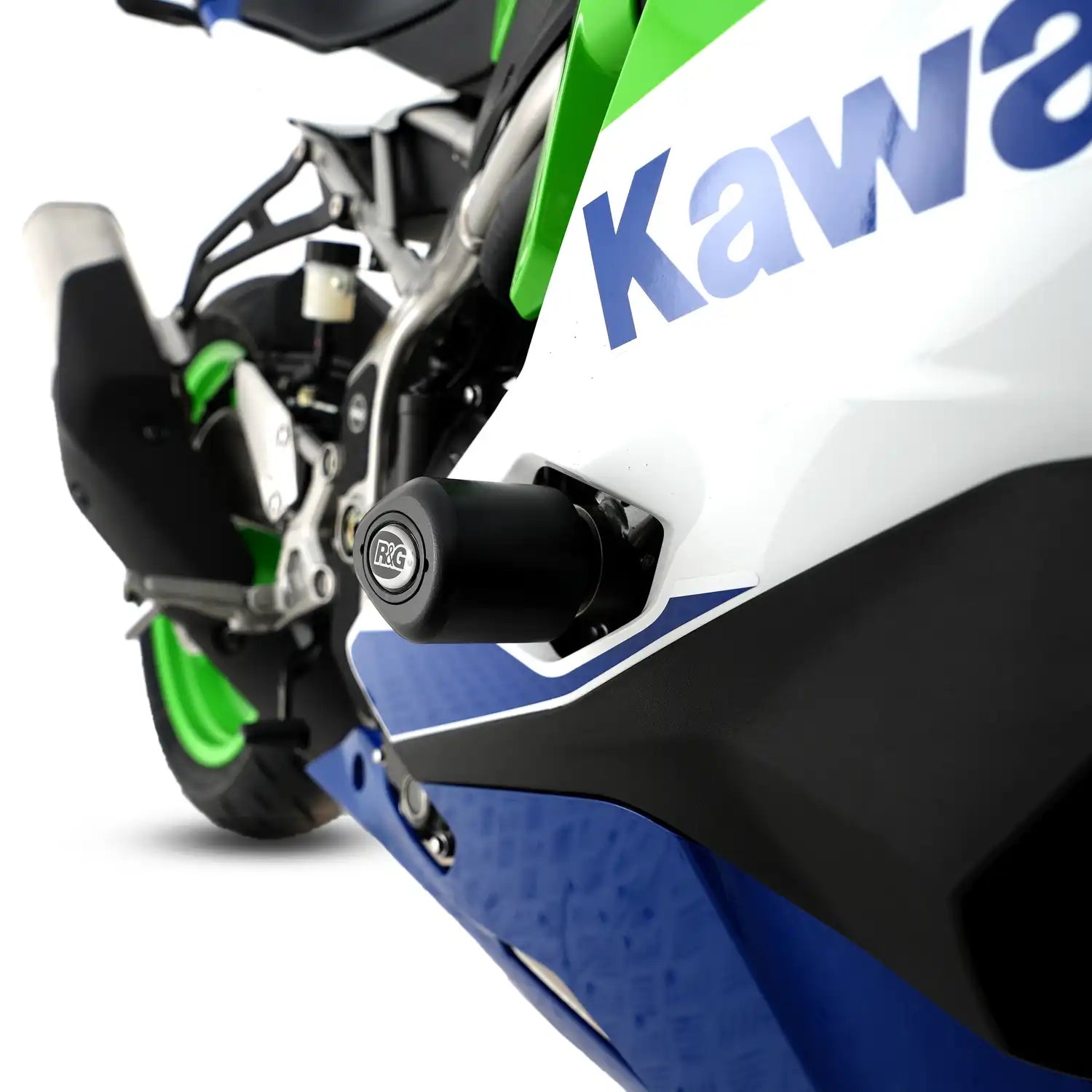 Topes de Caída R&G Aero montados en Kawasaki ZX-4RR 2023 color verde lima vista lateral derecha