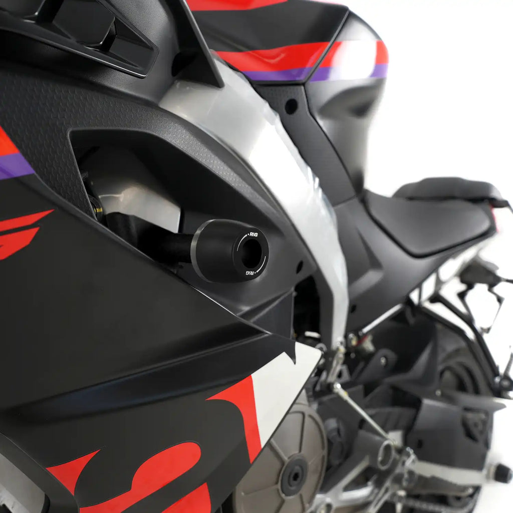 Frame Slider R&G APEX Aprilia RS457 par completo negro sobre fondo blanco