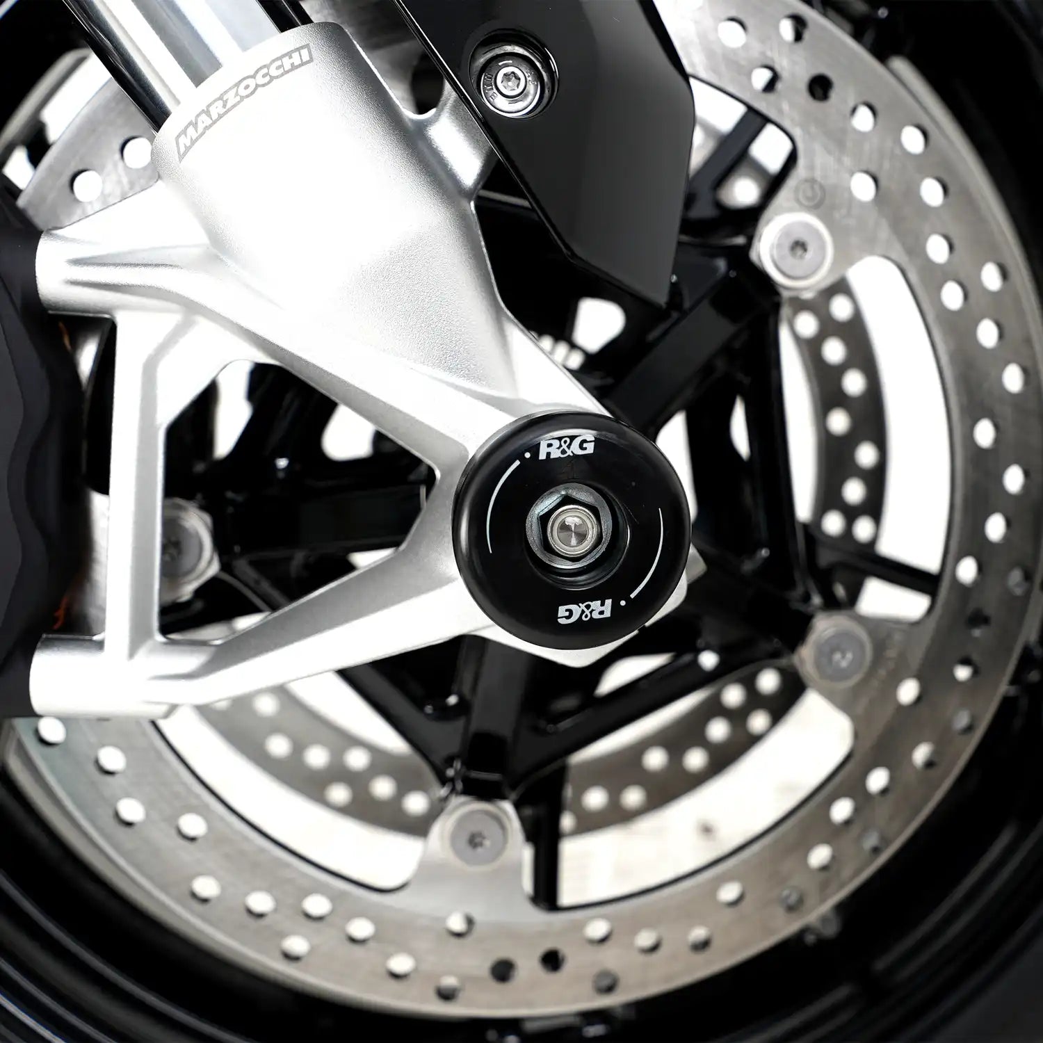 Protector de horquilla R&G vista frontal montado en suspensión BMW S1000 series