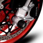 Protector de Horquilla R&G APEX montado en Aprilia RS660 2025 vista lateral detalle bobbin conico negro