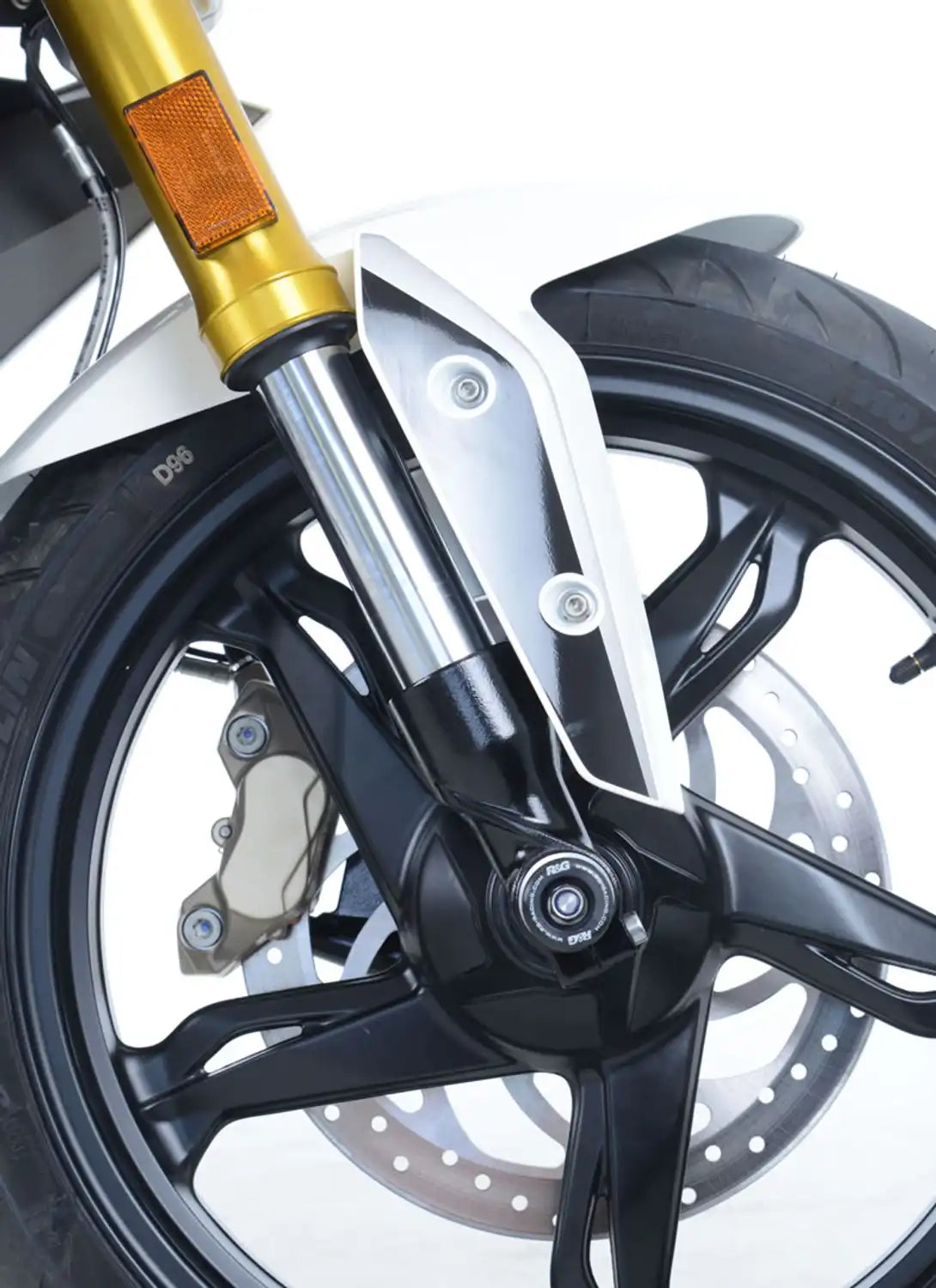 Vista isométrica de protectores de horquilla R&G para BMW G310GS