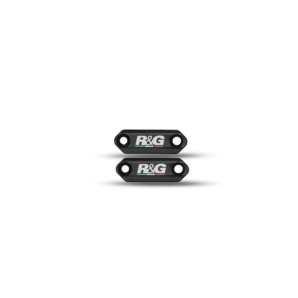 Par de mirror blanking plates R&G para Aprilia RS457 acabado negro con detalle logo marca