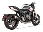 Detalle de colectores hidroformados ovalados a cilíndricos en escape Akrapovic Trident 660