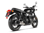 Detalle terminal cónico Akrapovic titanio con fibra de carbono Bonneville T120