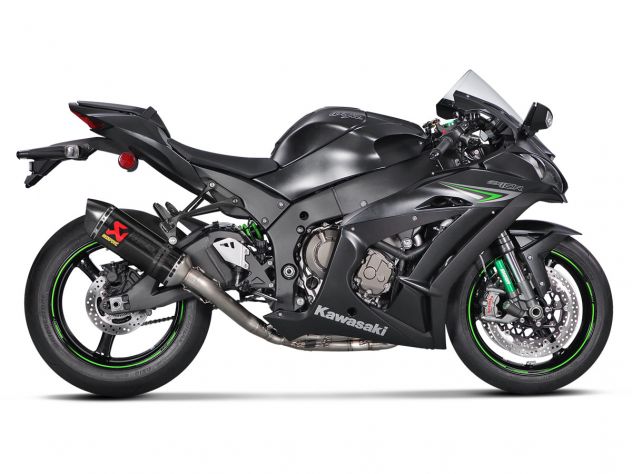 Sistema de escape Akrapovic S-K10R9-ZC montado en Kawasaki ZX-10R SE vista lateral