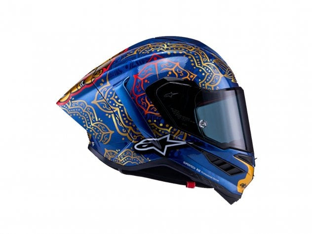 Casco Alpinestars Supertech R10 Martinator Thai edición limitada azul negro rojo oro vista lateral derecha