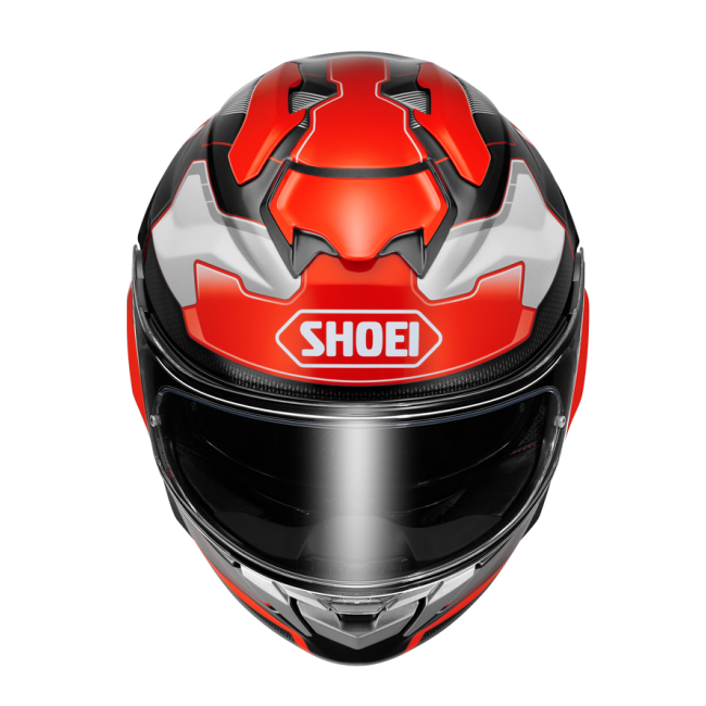 Casco Shoei GT-Air 3 Agility TC-1 vista frontal con pantalla CNS-3 y visor solar interno