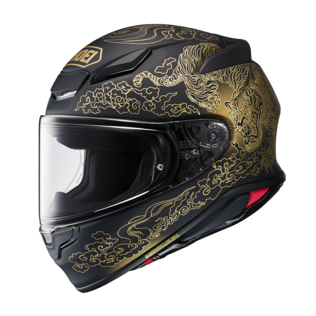 Casco Shoei NXR 2 Fearless TC5 vista lateral derecha con gráficos agresivos