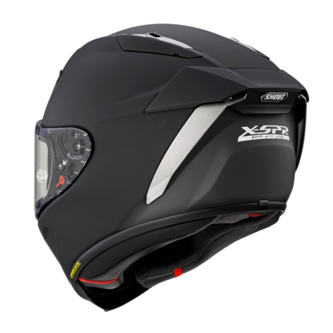 Casco Shoei X-SPR Pro Negro Mate vista lateral izquierda con detalle de extractores traseros