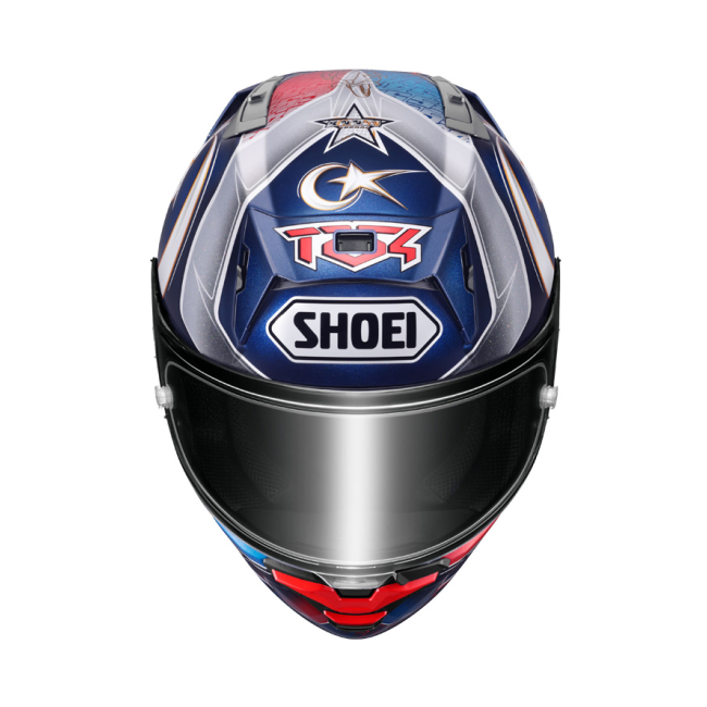 Casco integral Shoei X-SPR Pro Toprak diseño TC2 vista frontal con aerodinámica racing