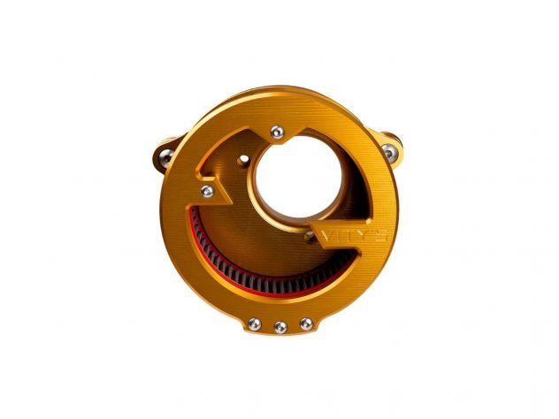Filtro Vity's Design acabado oro montado en motor Evolution Sportster 1200