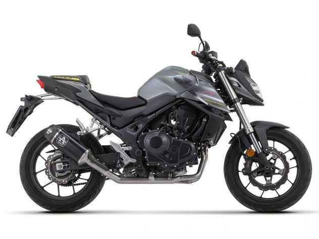 Silenciador Arrow Indy Race homologado Honda CB750 Hornet, vista lateral del terminal aluminio dark
