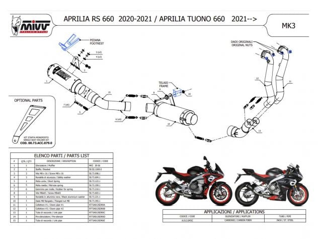 Escape completo Mivv MK3 carbono montado en Aprilia RS 660 vista lateral derecha