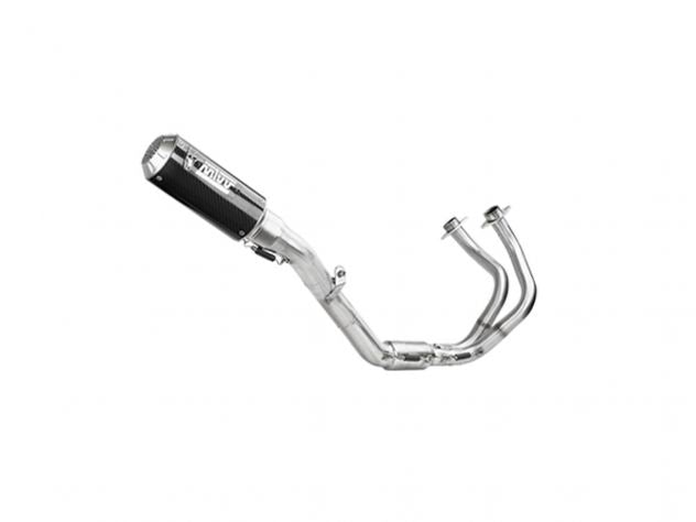 Escape completo Mivv MK3 carbono brillante montado en Honda CB 650 R con rejilla protectora racing