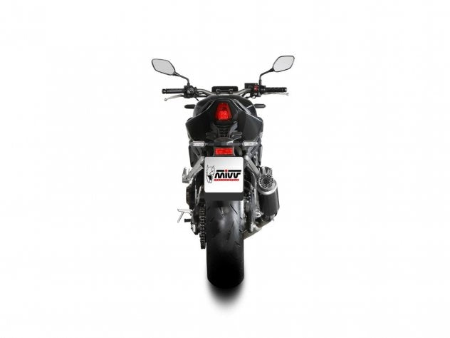 Detalle acabado carbono brillante escape Mivv GP Pro homologado Honda CB 650 R 2024