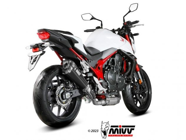 Terminal hexagonal escape Mivv Delta Race con logo láser Honda Hornet