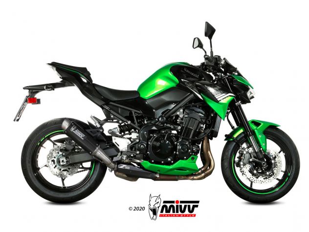 Detalle silenciador Mivv Sport GP PRO con logo láser y rejilla protectora racing