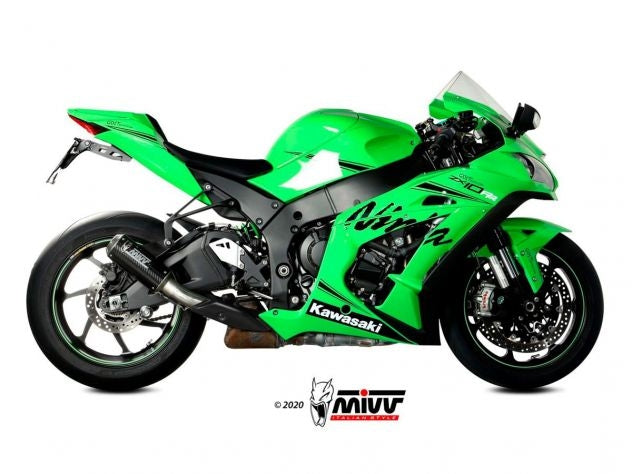 Escape Mivv MK3 Carbono montado en Kawasaki ZX-10R con acabado brillante