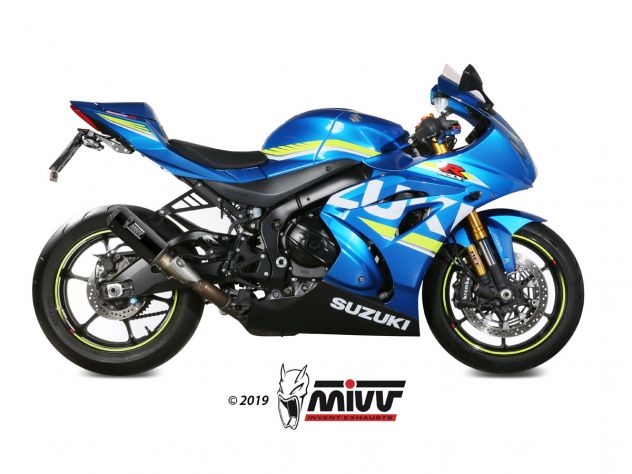 Silenciador Mivv MK3 acabado carbono montado en GSX-R 1000 detalle terminal