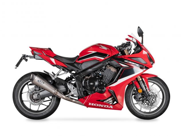Silenciador Konix Evo titanio con caja de carbono vista Spark Honda 650