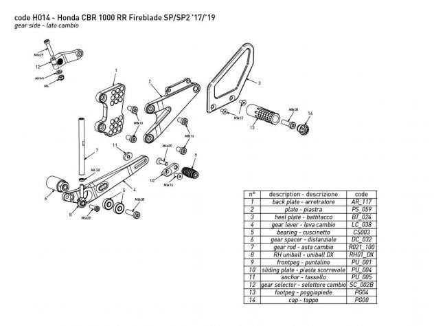 Sistema de ajuste multiposición estriberas Bonamici Racing CBR1000RR 2017-2019
