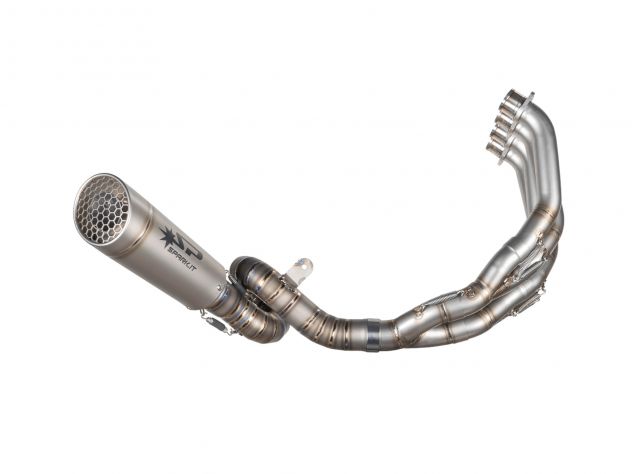 Escape completo Spark Grid-O titanio montado en Honda CB650R con silenciador racing y colectores 4-2-1 acero inoxidable