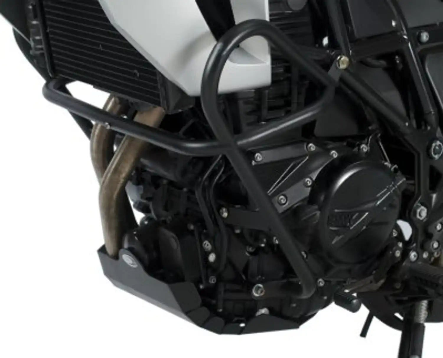 Detalle de soporte y anclaje de barra de protección R&G Adventure para BMW GS acero negro