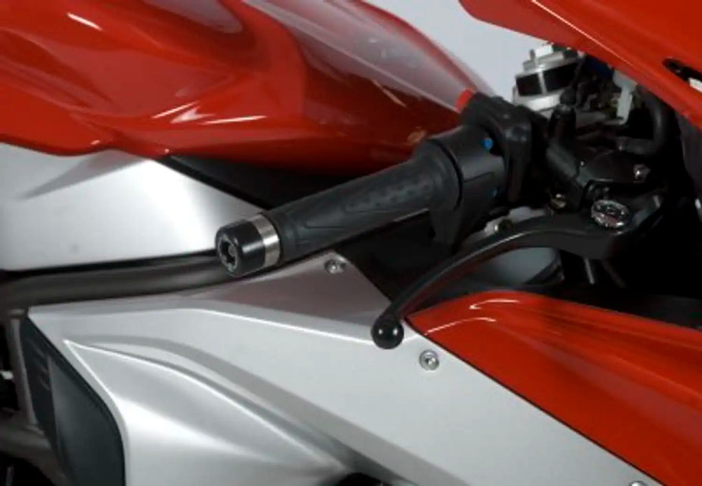 Bar end sliders R&G instalados en manillar MV Agusta, protección lateral de manetas