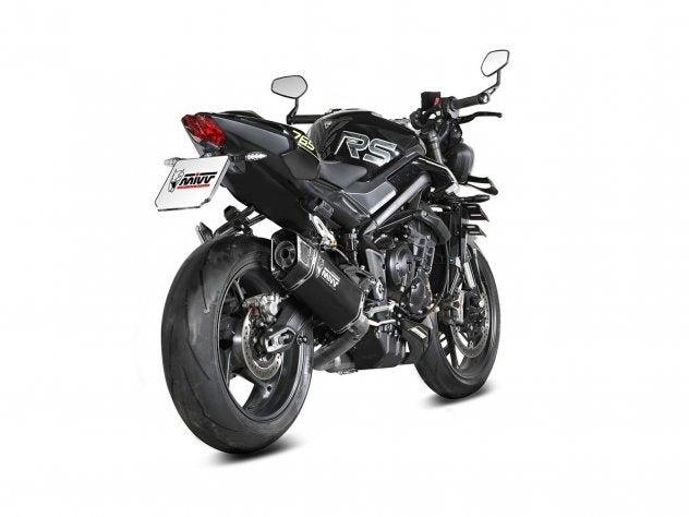 Escape completo Mivv SR-1 titanio negro montado en Triumph Street Triple 765 R 2025