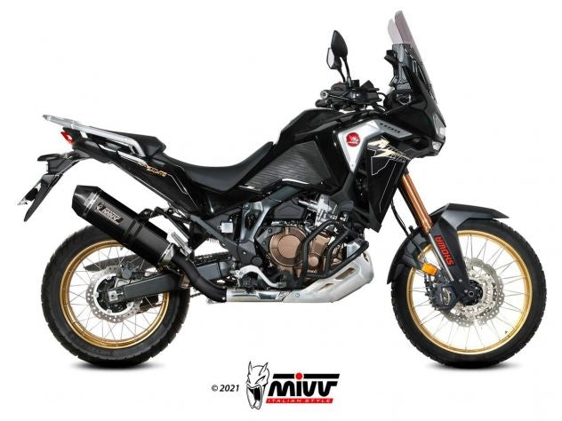 Escape Mivv Speed Edge Black montado en Honda CRF 1100 L Africa Twin con copa de carbono