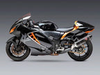 Sistema dual Yoshimura R-77 vista trasera Hayabusa mostrando salida de gases cónica