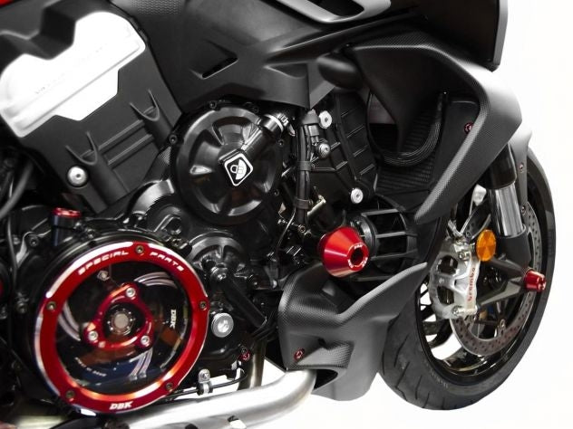 Protecciones Ducabike DBK en anodizado rojo para Diavel V4, integración con líneas originales