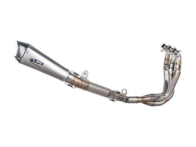 Escape completo WSSP Konix Evo titanio Spark montado en Triumph Street Triple 765 RS 2020-2022 con silenciador carbono