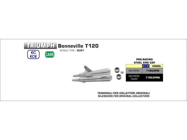 Silenciadores Arrow Pro Racing acero Dark montados en Triumph Bonneville T120 vista lateral