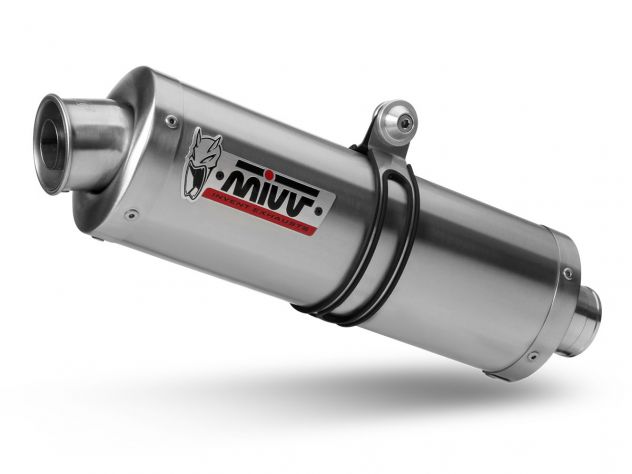 Escape Mivv Oval acero inoxidable montado en Honda XL 700V Transalp mostrando acabado brushed y forma ovalada característica