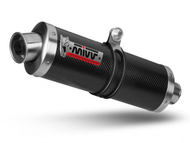 Escape oval Mivv carbono-carbono K.015.LE montado en Kawasaki Versys 650 vista lateral derecha