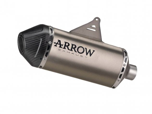 Silenciador Arrow Explorer titanio montado en Suzuki V-Strom 1050 con tapa de carbono