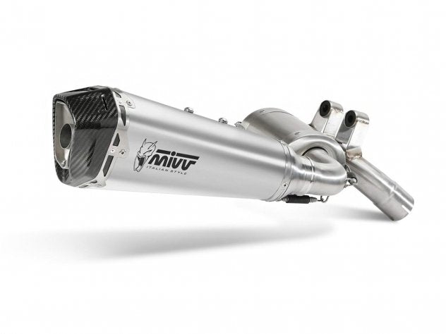 Vista lateral escape Mivv Delta Race inox cepillado efecto perla BMW F900R
