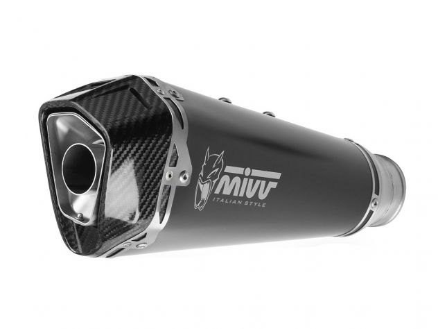 Escape Mivv Delta Race acero negro con tapa carbono montado en Triumph Street Triple 765