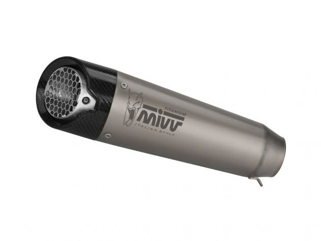 Vista lateral escape Mivv X-M5 con rejilla protectora y logo grabado