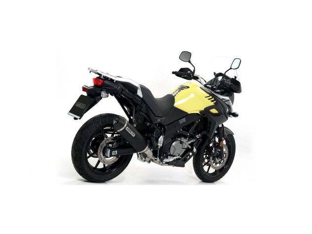 Vista lateral escape Arrow aluminio dark Suzuki V-Strom 650 con logo grabado