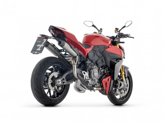 Detalle silenciador racing Arrow 98mm sección redonda Streetfighter V2 S