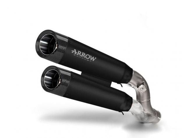 Terminal Arrow Round-Sil homologado Euro 5 detalle fondo carbono y cuerpo titanio negro