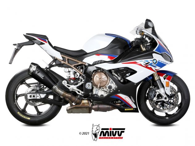 Escape Mivv Delta Race carbono 3K montado en BMW S1000RR 2019-2025 vista lateral derecha