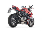 Vista lateral escape Arrow Works Ducati Streetfighter V2 con geometría cónica progresiva