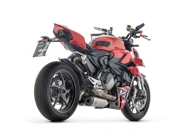 Vista lateral escape Arrow Works Ducati Streetfighter V2 con geometría cónica progresiva